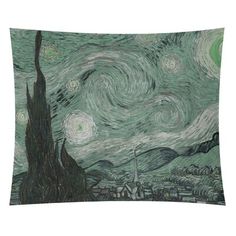 the starry night by van goghn on a green background with trees and buildings