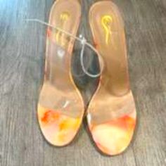 Elegant Collection Orange & Yellow Multi Colored Heels Orange 4-inch Heel Summer Heels, Orange 4-inch Heels For Summer, Yellow 4-inch Heels For Spring, Multi Colored Heels, Colored Heels, Clear Strap Heels, Strap Heels, Orange Yellow, Orange Red