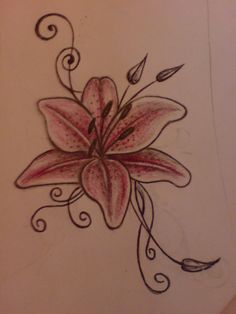 a drawing of a flower with swirls and leaves on the side of a wall