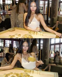 two pictures of a woman in a white top and gold bracelets on the table