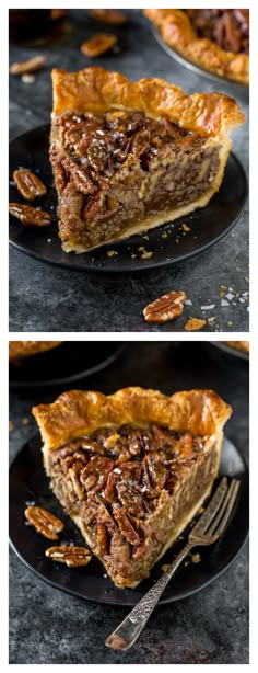 pecan pie on a black plate with one slice taken out