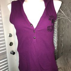 This Will Fit A 34 Bust, And Is So Sexy. Star Buttons, And A Hood On The Back. Thicker Fabric. Not Quite As Thick As A Sweatshirt Last One. This Is Vintage But Still New. Hidden In The Wrong Box In Our Inventory Star Buttons, Plum Purple, Last One, Fancy Dresses, Dream Wardrobe, Harley Davidson, Plum, Sleeveless Top, Beaded Necklace