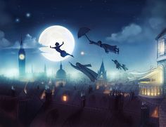 an animated image of a person flying in the air over a city at night with a full moon behind them