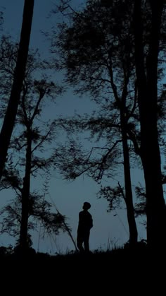 the silhouette of a man standing in front of trees at night with his back turned to the camera