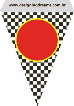 a black and white checkered triangle with a red circle