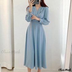 Olivia Mark - Elegant V-Neck Cross Pleated Maxi Dress with Waistline Cinch Korean Office, A Line Maxi Dress, Marine Uniform, Office Dresses For Women, Dress Attire, Modest Style, Korean Dress, Vestidos Vintage, Office Dresses