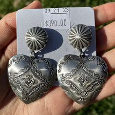 Navajo Sterling Silver Stamped Heart Earrings. Artist: Vincent Vjp Measurements: 2.4 Inch By 1.5 Inch Best Offers Accepted! Traditional Heart-shaped Wedding Earrings, Traditional Pierced Heart Earrings, Traditional Heart-shaped Earrings, Traditional Heart Earrings, Vintage Double Heart Jewelry, Bohemian Heart Earrings For Wedding, Bohemian Heart-shaped Wedding Earrings, Traditional Silver Heart Earrings, Silver Bohemian Heart Earrings For Valentine's Day