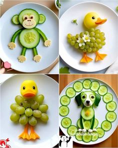 four pictures of different fruits and vegetables made to look like animals