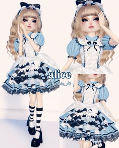 the doll is dressed in blue and white with black stripes on her dress, she has long blonde hair