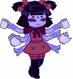 a drawing of a girl with two mugs in her hands and an animal ears on her head