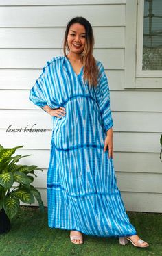 "🌈 Tie Dye Kaftan Dress, Loose Fit Tie Dye Dress, Hippie Tie Dye Kaftan, Tie Dye Clothing, Oversize Kaftan Dress, Tye Dye Caftan Dress Measurement and detail: 👉Fabric: 100% Breathable and Comfy Rayon 👉Method: Hand Dyed 👉Size: One Size Fits Most (M-4XL) Extremely comfy 👉Boho/Hippie /Festival/Beach/Tropical/Fancy/UniqueTheme 👉Length of Dress: 55\" 👉Width of Dress: 45\" 👉Bust 60\"-90\" 👉The back is identical to front pattern 👉Great for wearing while doing arts, crafts, relaxing at your ho Tie-dye V-neck Dress With Natural Dye, Bohemian Long Sleeve Tie Dye Dress, Bohemian Long Sleeve Tie-dye Dress, Bohemian Hand Dyed Blue Dress, Hand Dyed Blue Bohemian Dress, Blue Vacation Dress With Natural Dye, Blue Vacation Dresses With Natural Dye, Blue Dresses With Natural Dye For Vacation, Indigo V-neck Maxi Dress For Beach