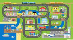 a road map with cars, trucks and houses on it in the middle of a town