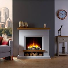 OER Hudson Electric Fireplace suite - Twilight Fires Grey Fireplace, Classic Fireplace, Log Store, Electric Fire, Oak Shelves