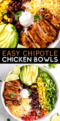 a bowl of lettuce, beans, tomatoes, grilled chicken, cheese and corn. Easy Chicken Burrito Bowl Recipe, Side Dishes Vegetarian, Mexican Bowl Recipe, Vegetable Roast, Chicken Burrito Bowl Recipe, Chicken Bowls Healthy, Burrito Bowl Recipe, Inflammation Recipes, Chicken Bowl Recipe