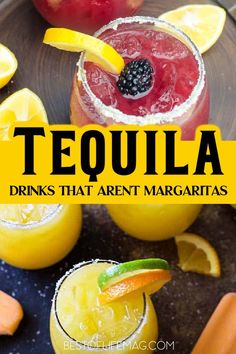 tequila drinks with lemons and blackberries on the rim, garnished with fresh fruit