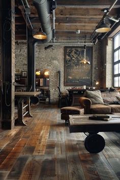 an industrial living room with wood floors and exposed ceilings