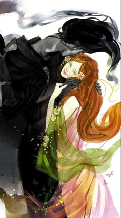 a woman with long red hair standing next to a man in a black suit and green dress