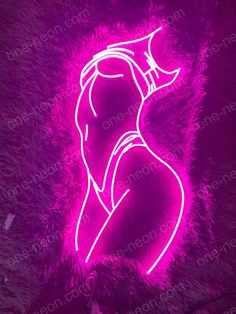 a woman's profile is shown in pink neon lights on a dark background with fur