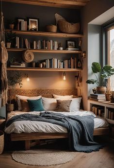 a bed sitting under a window next to a book shelf filled with lots of books