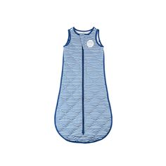 a blue and white striped sleeping bag with a heart on the front, sitting against a white background