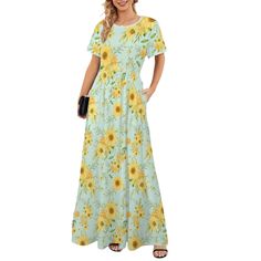 * Blue Yellow 70s Style Maxidress: Stunning vintage-inspired maxi dress. * Sunflower Print Maxi Dress: Features a beautiful and vibrant sunflower pattern. * High-Quality Fabric: Made from 95% polyester and 5% spandex for a comfortable and durable wear. * Crew Neckline: Classic and flattering neckline design. * Short Sleeves: Comfortable and perfect for warm weather. * Elastic Waistline: Provides a snug fit and enhances the silhouette. * Long A-Line Skirt: Elegant and flowy, perfect for a variety Casual Yellow A-line Maxi Dress, Spring Casual Full-length Maxi Dress, Spring Casual Full Length Maxi Dress, Casual Full Length Maxi Dress For Spring, Yellow Sunflower Print Dress For Beach, Yellow Sunflower Print Beach Dress, Spring Vacation Full-length Maxi Dress, Yellow Flowy A-line Maxi Dress, Summer Vacation Full-length Maxi Dress