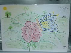 a child's drawing of a butterfly flying over a pink rose in a field