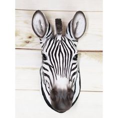 a zebra head mounted to the side of a white wooden wall with wood planks