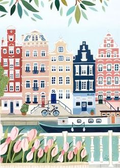 a painting of a boat in the water near some buildings and tulips on a sunny day