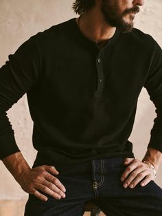 Inspired by vintage military pieces, our thermal henley has a woven placket and classic cat-eye buttons. | Buck Mason Men's Vintage Thermal Henley in Black, Size Small Men’s Henley Outfit, Thermal Outfit Men, Black Henley Outfit Men, Henley Mens Outfit, Classic Winter Henley With Button Closure, Classic Henley With Button Closure For Winter, Outdoorsy Style Men Summer, Casual Black Henley For Fall, Classic Henley With Button Closure