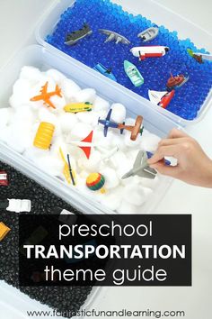 a plastic container filled with toys and text overlay reads preschool transportation theme guide