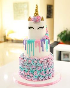 a cake decorated with icing and a unicorn face