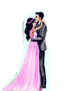 a drawing of a man and woman in formal wear hugging each other with their arms around one another