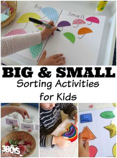 the cover of big & small sorting activities for kids with pictures of umbrellas and letters