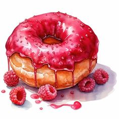 a painting of a raspberry donut with icing and some raspberries