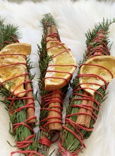 four branches with orange slices and red string wrapped around them on a white fur surface