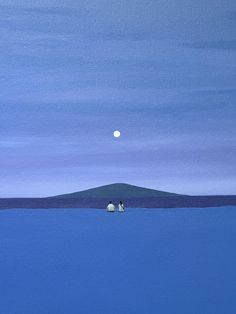 an oil painting of two people on small boats in the ocean under a full moon