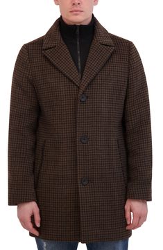 Brushed Houndstooth Topcoat w/ removable RIB KNIT Bib Professional Dry Clean Only Wool Polyester Blend Regular Fit Textured Houndstooth fabric Imported Brown Outerwear With Hidden Button Closure For Winter, Business Outerwear With Padded Collar For Fall, Fitted Business Outerwear With Padded Collar, Houndstooth Fabric, Houndstooth Coat, Tall Jeans, Padded Coat, Houndstooth Pattern, Mens Scarves