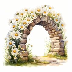 an illustration of a stone arch with daisies and flowers on it, painted in watercolor