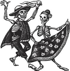 two skeletons dancing with their arms in the air