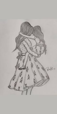 a drawing of two girls hugging each other