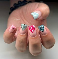 Paisley tips! 🤍 . #utahnailtech #nailart #luminarynails #luxapolish #ericasta #nailfeed #gelnails #DDNails #filesbyless #bandananails #paisleynails #westernnails Nails Christmas Red, Bandana Nails, Nail Shapes Square, Christmas Red And Green, French Tip Design, Green Santa, Nagel Tips, Bohemian Flowers