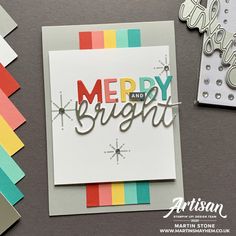 a christmas card with the words merry and bright on it, surrounded by other cards