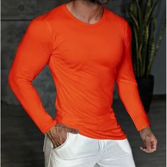 Season:Spring   Fall; Fabric:Polyester; Sleeve Length:Long Sleeve; Look After Me:Washable,Machine wash; Gender:Men's; Style:Fashion,Designer,Basic; Elasticity:Micro-elastic; Tops Type:Tee Top,T shirt Tee; Occasion:Vacation,Casual Daily,Going out,Street; Age Group:Adults; Fit Type:Regular Fit; Pattern:Plain; Neckline:V Neck; Front page:FF; Listing Date:08/23/2023; Bust:; Length: Spring Solid Color Workout Tops, Fitted Orange Solid Color Top, Casual Plain Orange Tops, Casual Orange Plain Tops, Moisture-wicking Long Sleeve Summer Top, Casual Workout Orange Tops, Casual Orange Workout Tops, Casual Workout Tops In Orange, Spring Workout Long Sleeve T-shirt