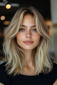 Haircuts For Middle Length Hair, Choppy Short Blonde Hair, Short Middle Part Hair Women, Blond Shoulder Length Hair With Layers, Partial Foil Blonde, Layered Hair Thinner Hair, Texturized Lob, Color Bone Length Hair, Shoulder Length Hair No Layers