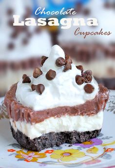 chocolate lasagna cupcake with whipped cream and chocolate chips