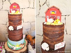 there are two cakes made to look like farm animals on top of each other,