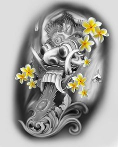 an artistic tattoo design with flowers and a dragon on the back of it's head