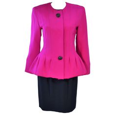 This Jacqueline De Ribes skirt suit is composed of a magenta silk jacket with silk skirt and sequined chiffon blouse. The jacket features a peplum style with large black rhinestone buttons. There is a sequin sleeveless blouse in navy with side and shoulder snap closures. The classic pencil style skirt has a zipper closure. In excellent vintage condition. **Please cross-reference measurements for personal accuracy. Size in description box is an estimation. Measures (Approximately) Jacket Length: Elegant Silk Skirt Suit For Party, Elegant Pink Skirt Suit For Party, Elegant Pink Party Skirt Suit, Spring Silk Skirt Suit For Evening, Elegant Silk Skirt Suit For Formal Occasions, Spring Evening Silk Skirt Suit, Fitted Silk Skirt Suit For Evening, Silk Skirt Suit For Spring Evening, Elegant Silk Skirt Suit For Semi-formal Occasions