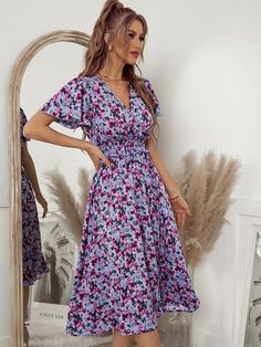 Features: Stay stylish and chic with the Amelia Floral Midi Dress. The elegant floral design is perfect for any occasion, and the V neckline and ruffle sleeve complement its classic, summery look. Crafted with high-quality materials, this lightweight A-line dress will keep you looking elegant and fashionable. Elegant V-neck Midi Dress With Ditsy Floral Print, Feminine Spring Midi Dress With Butterfly Sleeves, Spring Feminine Midi Dress With Butterfly Sleeves, Spring Midi Dress With Butterfly Sleeves, Elegant Ruffle Sleeve Midi Dress For Vacation, Summer Dresses With Butterfly Sleeves And Floral Print, Summer Floral Print Dress With Butterfly Sleeves, Elegant Midi Dress With Ruffle Sleeves For Vacation, Elegant Ditsy Floral Print Dress For Vacation