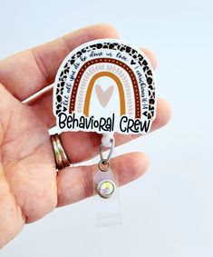 This Behavioral Crew badge reel is made with premium white acrylic and ink is pressed directly into it making it long lasting. It measures approx. 2 inches. It is attached to a retractable plastic Badge reel Available in Alligator Clip, Belt Clip, or Lanyard Personalized Fun White Badge Reel, Personalized White Fun Badge Reel, Fun White Badge Reel For Personal Use, Customizable White Badge Reel, Rainbow Badge, Christian Names, Child Life Specialist, Clip Belt, Nursing School Gifts